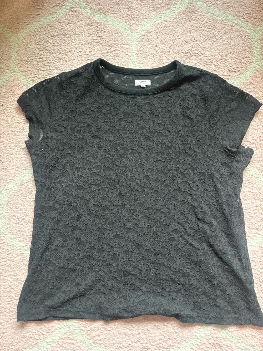 aerie Black Floral Lace Short Sleeve Tee
